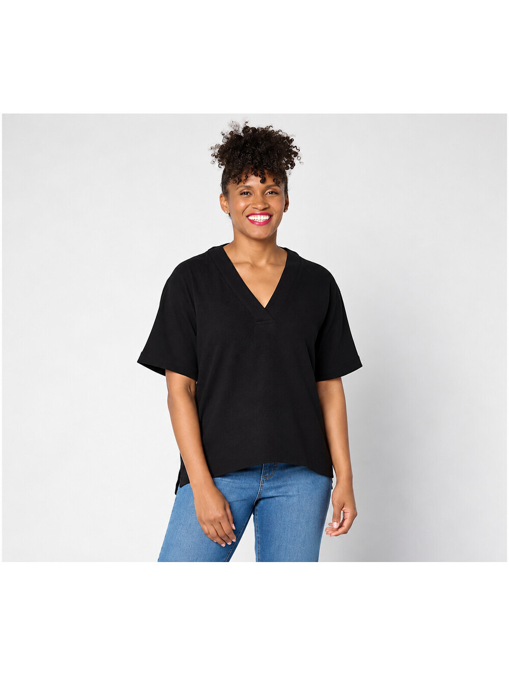 Susan Graver Cotton Gauze Drop Shoulder V-Neck Pullover Top Black, Petite Medium
